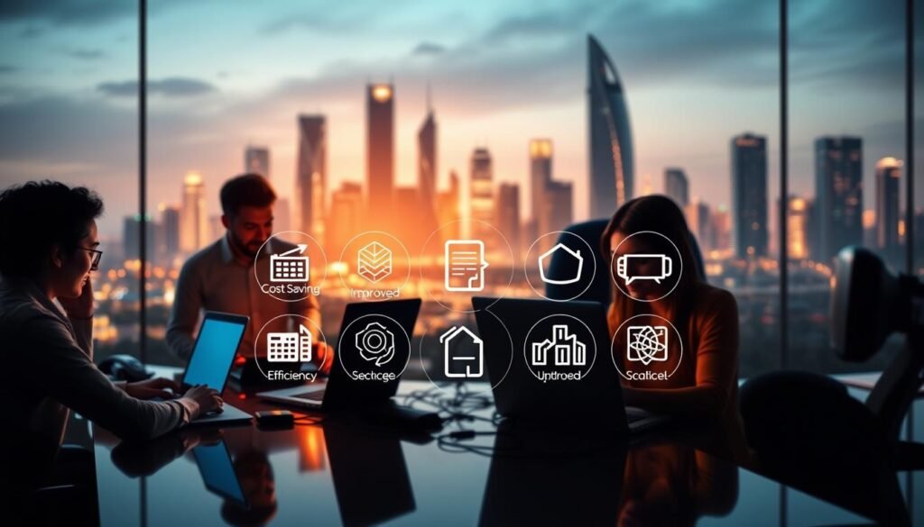 A visually striking scene depicting the various benefits of IT outsourcing. In the foreground, a dynamic team of IT professionals collaborating seamlessly, their laptops and tech gadgets illuminating the workspace with a warm, productive glow. In the middle ground, an array of intuitive icons representing cost savings, improved efficiency, and access to specialized expertise. The background features a sleek, futuristic cityscape, symbolizing the global reach and scalability enabled by outsourcing. The overall composition conveys a sense of innovation, connectivity, and the strategic advantages of partnering with a professional IT development company. A visually striking scene depicting the various benefits of IT outsourcing. In the foreground, a dynamic team of IT professionals collaborating seamlessly, their laptops and tech gadgets illuminating the workspace with a warm, productive glow. In the middle ground, an array of intuitive icons representing cost savings, improved efficiency, and access to specialized expertise. The background features a sleek, futuristic cityscape, symbolizing the global reach and scalability enabled by outsourcing. The overall composition conveys a sense of innovation, connectivity, and the strategic advantages of partnering with a professional IT development company.