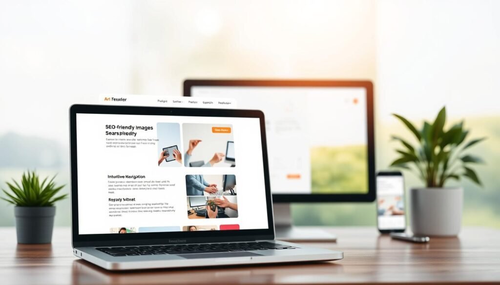 A well-designed, SEO-friendly website with a clean, modern layout. The foreground features a laptop display showcasing a user-friendly interface with intuitive navigation, high-quality images, and strategically placed call-to-action buttons. The middle ground depicts a desktop computer setup with a minimalist aesthetic, highlighting the importance of responsive design. The background features a serene, nature-inspired setting with soft lighting and a calming color palette, evoking a sense of professionalism and trust. The overall composition conveys the balance between aesthetics, functionality, and search engine optimization, crucial for an effective business website. A well-designed, SEO-friendly website with a clean, modern layout. The foreground features a laptop display showcasing a user-friendly interface with intuitive navigation, high-quality images, and strategically placed call-to-action buttons. The middle ground depicts a desktop computer setup with a minimalist aesthetic, highlighting the importance of responsive design. The background features a serene, nature-inspired setting with soft lighting and a calming color palette, evoking a sense of professionalism and trust. The overall composition conveys the balance between aesthetics, functionality, and search engine optimization, crucial for an effective business website.