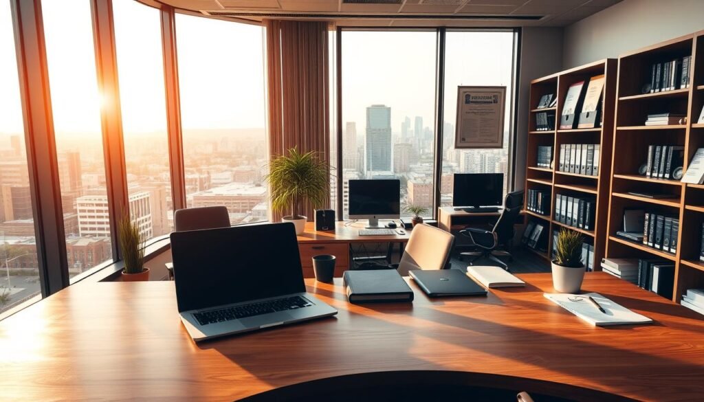 A well-equipped IT provider's office, illuminated by warm, natural lighting filtering through large windows. The foreground features a sturdy, oak desk with a sleek laptop, a desk organizer, and a potted plant, conveying a sense of professionalism and attention to detail. In the middle ground, bookcases line the walls, filled with technical manuals and industry certifications, demonstrating the provider's expertise. The background showcases a panoramic view of a bustling city skyline, suggesting the provider's connectivity and involvement in the local business community. The overall atmosphere exudes a feeling of trust, reliability, and competence, perfectly suited for a business seeking a trusted IT partner. A well-equipped IT provider's office, illuminated by warm, natural lighting filtering through large windows. The foreground features a sturdy, oak desk with a sleek laptop, a desk organizer, and a potted plant, conveying a sense of professionalism and attention to detail. In the middle ground, bookcases line the walls, filled with technical manuals and industry certifications, demonstrating the provider's expertise. The background showcases a panoramic view of a bustling city skyline, suggesting the provider's connectivity and involvement in the local business community. The overall atmosphere exudes a feeling of trust, reliability, and competence, perfectly suited for a business seeking a trusted IT partner.