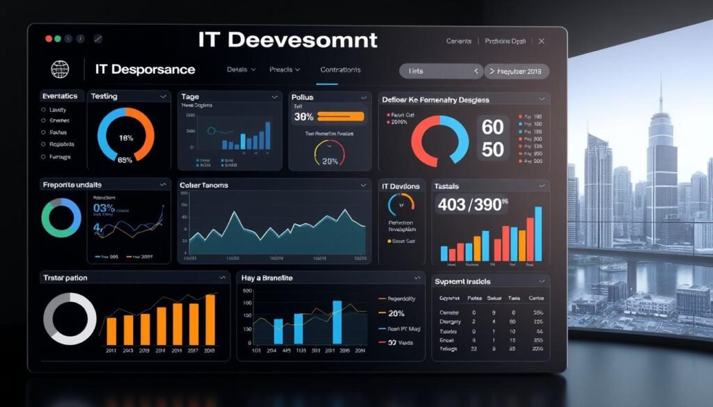 A well-lit, high-resolution 3D render of an executive dashboard displaying various metrics and data visualizations related to IT development ROI. The dashboard has a clean, modern design with a dark background, highlighting the key performance indicators, financial data, and return on investment figures. The foreground features an array of interactive charts, graphs, and analytics tools, allowing the user to drill down into the details. The middle ground shows a team of IT professionals collaborating and discussing the data, while the background depicts a futuristic cityscape, symbolizing the broader impact of successful IT investments. A well-lit, high-resolution 3D render of an executive dashboard displaying various metrics and data visualizations related to IT development ROI. The dashboard has a clean, modern design with a dark background, highlighting the key performance indicators, financial data, and return on investment figures. The foreground features an array of interactive charts, graphs, and analytics tools, allowing the user to drill down into the details. The middle ground shows a team of IT professionals collaborating and discussing the data, while the background depicts a futuristic cityscape, symbolizing the broader impact of successful IT investments.