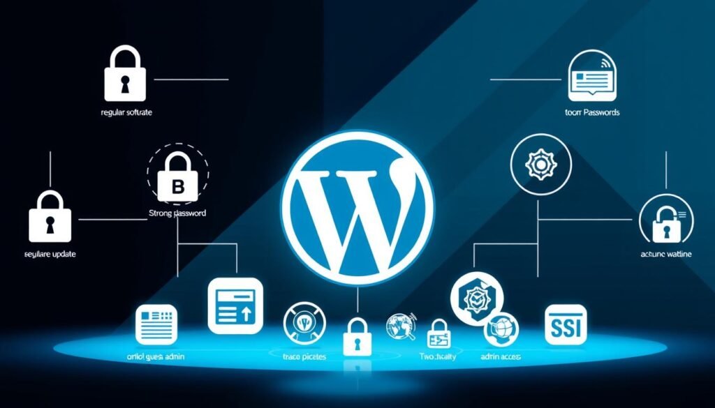 A well-lit, high-resolution digital illustration depicting the best practices for securing a WordPress website. In the foreground, a sleek, modern WordPress logo serves as the focal point, surrounded by various security-related elements such as a secure lock icon, a firewall diagram, and a two-factor authentication graphic. In the middle ground, detailed icons representing crucial security measures like regular software updates, strong passwords, and secured admin access are arranged in a visually appealing layout. The background features a minimalist, geometric pattern in shades of blue and gray, conveying a sense of stability and professionalism. The overall composition is designed to effectively communicate the key steps for maintaining a secure WordPress website.