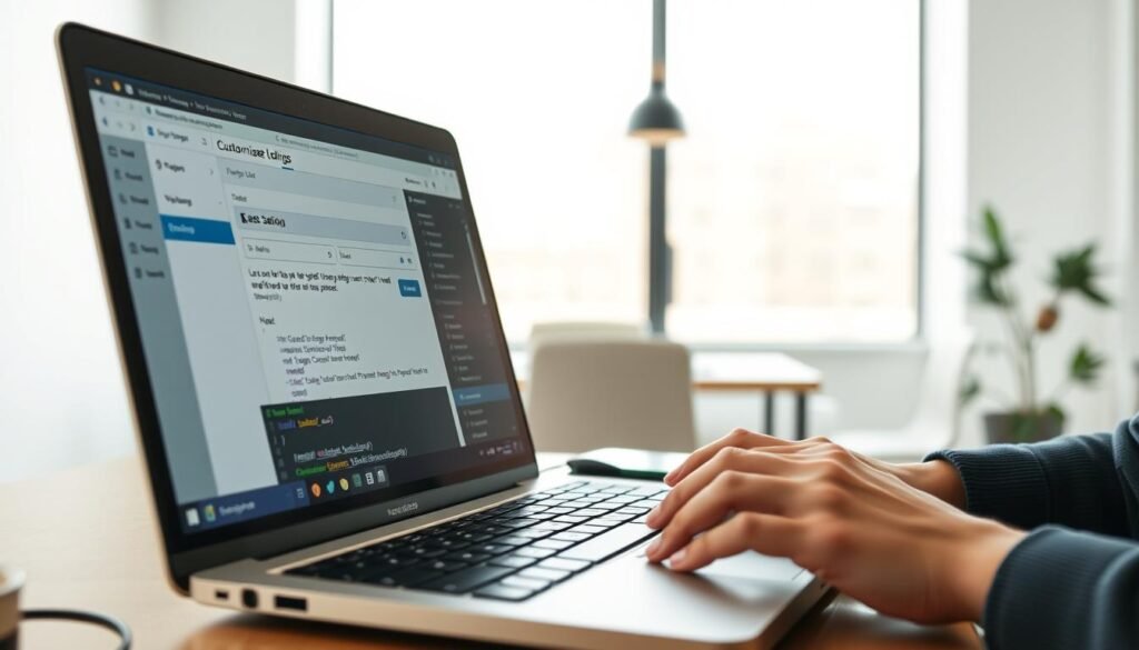 A well-lit, high-resolution image of a developer's workstation, showcasing the process of customizing WordPress plugins. In the foreground, a laptop screen displays the plugin settings and configuration options, with various UI elements and code snippets visible. In the middle ground, the developer's hands are seen typing on the keyboard, adjusting the plugin's functionality. The background features a clean, minimalist office setting with a large window providing natural lighting, creating a sense of focus and productivity. The overall atmosphere conveys a sense of creativity, problem-solving, and technical expertise in the field of WordPress customization.