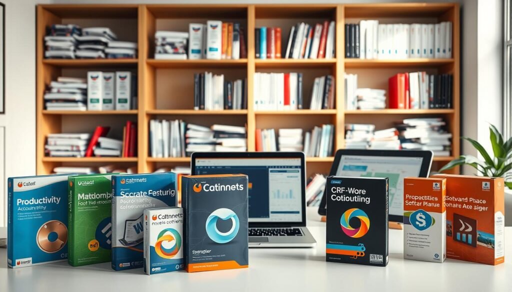 A well-lit, high-resolution image showcasing a variety of off-the-shelf software examples. In the foreground, display a selection of popular productivity, accounting, and CRM software boxes arranged neatly on a clean, minimalist desk. In the middle ground, depict a laptop and tablet displaying software interfaces, with clean UI designs. In the background, include a bookshelf filled with software manuals and guides, illuminated by natural light from a window. Convey a sense of professionalism, accessibility, and the diverse range of off-the-shelf solutions available to businesses. A well-lit, high-resolution image showcasing a variety of off-the-shelf software examples. In the foreground, display a selection of popular productivity, accounting, and CRM software boxes arranged neatly on a clean, minimalist desk. In the middle ground, depict a laptop and tablet displaying software interfaces, with clean UI designs. In the background, include a bookshelf filled with software manuals and guides, illuminated by natural light from a window. Convey a sense of professionalism, accessibility, and the diverse range of off-the-shelf solutions available to businesses.