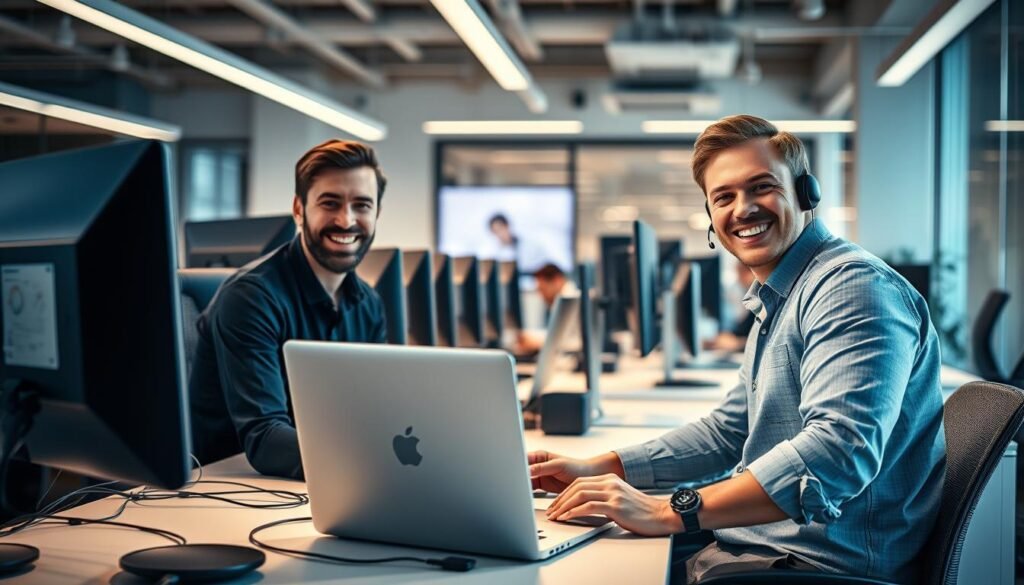 A well-lit, modern IT support desk in a corporate office setting. In the foreground, a friendly IT technician assists a smiling customer with a laptop on the desk, showcasing their expertise. The middle ground features a team of IT professionals diligently working on various devices, conveying a sense of efficiency and problem-solving. The background depicts a clean, organized workspace with sleek computer monitors, cables, and equipment, creating an atmosphere of professionalism and technological prowess. Soft, directional lighting illuminates the scene, adding a sense of warmth and approachability to the IT support services. A well-lit, modern IT support desk in a corporate office setting. In the foreground, a friendly IT technician assists a smiling customer with a laptop on the desk, showcasing their expertise. The middle ground features a team of IT professionals diligently working on various devices, conveying a sense of efficiency and problem-solving. The background depicts a clean, organized workspace with sleek computer monitors, cables, and equipment, creating an atmosphere of professionalism and technological prowess. Soft, directional lighting illuminates the scene, adding a sense of warmth and approachability to the IT support services.