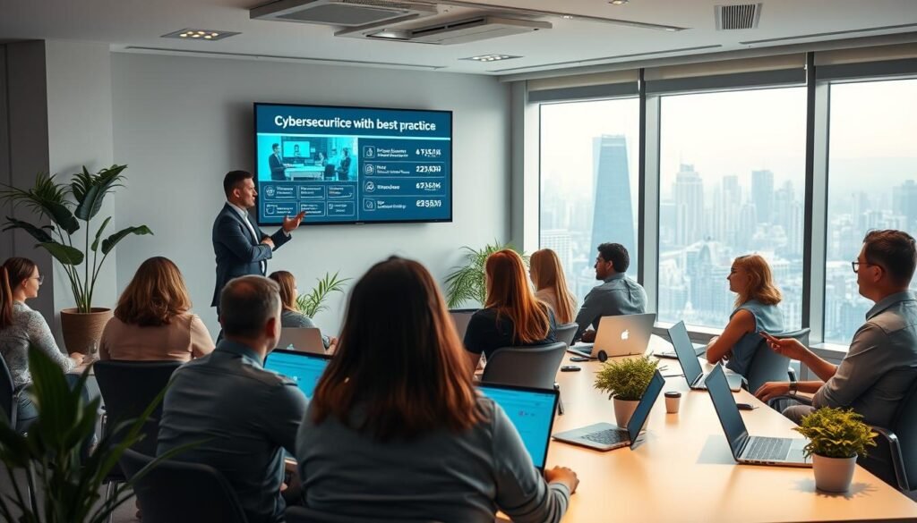 A well-lit, modern office setting with a group of employees engaged in a cybersecurity training session. In the foreground, a professional instructor stands at the front of the room, gesturing towards a large display screen showing cybersecurity best practices. Around the instructor, a diverse group of attentive employees sit at desks, laptops open, taking notes. Soft, diffused lighting illuminates the scene, creating a focused, educational atmosphere. The middle ground features a clean, minimalist decor with potted plants and sleek furniture, conveying a sense of professionalism. In the background, large windows offer a view of a bustling city skyline, suggesting a thriving business environment. A well-lit, modern office setting with a group of employees engaged in a cybersecurity training session. In the foreground, a professional instructor stands at the front of the room, gesturing towards a large display screen showing cybersecurity best practices. Around the instructor, a diverse group of attentive employees sit at desks, laptops open, taking notes. Soft, diffused lighting illuminates the scene, creating a focused, educational atmosphere. The middle ground features a clean, minimalist decor with potted plants and sleek furniture, conveying a sense of professionalism. In the background, large windows offer a view of a bustling city skyline, suggesting a thriving business environment.