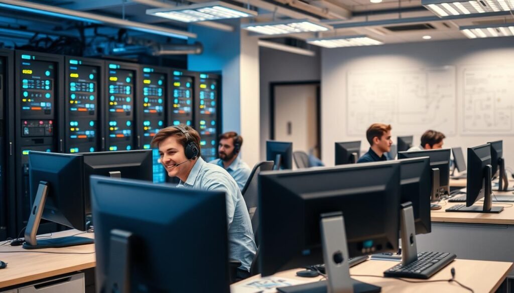 A well-lit office interior, showcasing a team of IT support technicians diligently working on a variety of computer systems. The foreground features a helpdesk with a friendly customer service representative assisting a client. In the middle ground, technicians are troubleshooting hardware and software issues, while in the background, a server room with blinking lights and a network diagram on the wall indicates the broader infrastructure they maintain. The atmosphere is one of professionalism and efficiency, with a focus on resolving user problems and ensuring the smooth operation of the organization's technology. A well-lit office interior, showcasing a team of IT support technicians diligently working on a variety of computer systems. The foreground features a helpdesk with a friendly customer service representative assisting a client. In the middle ground, technicians are troubleshooting hardware and software issues, while in the background, a server room with blinking lights and a network diagram on the wall indicates the broader infrastructure they maintain. The atmosphere is one of professionalism and efficiency, with a focus on resolving user problems and ensuring the smooth operation of the organization's technology.