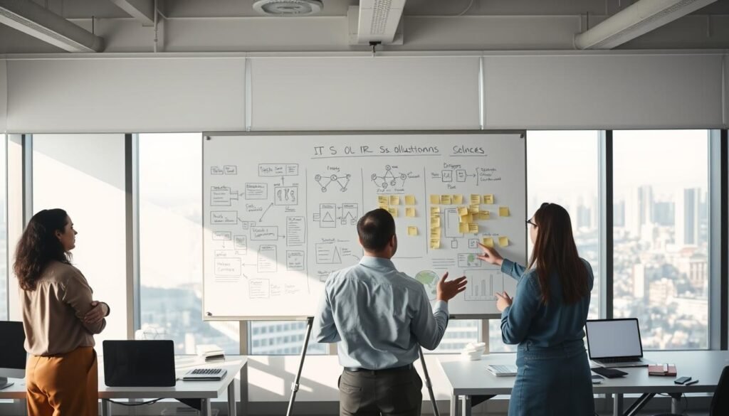 A well-lit office setting, with a large whiteboard taking center stage. On the board, various diagrams, flowcharts, and sticky notes illustrate the IT solutions planning process. In the foreground, a team of professionals - designers, developers, and project managers - engage in a collaborative discussion, gesturing towards the whiteboard as they map out the technical requirements and implementation strategy. Soft, diffused lighting creates a focused, contemplative atmosphere, emphasizing the thoughtful nature of the planning process. The mid-ground features neatly organized workstations and productivity tools, suggesting a structured, organized approach. The background showcases a panoramic view of a modern cityscape, hinting at the broader context and scale of the IT solutions being developed. A well-lit office setting, with a large whiteboard taking center stage. On the board, various diagrams, flowcharts, and sticky notes illustrate the IT solutions planning process. In the foreground, a team of professionals - designers, developers, and project managers - engage in a collaborative discussion, gesturing towards the whiteboard as they map out the technical requirements and implementation strategy. Soft, diffused lighting creates a focused, contemplative atmosphere, emphasizing the thoughtful nature of the planning process. The mid-ground features neatly organized workstations and productivity tools, suggesting a structured, organized approach. The background showcases a panoramic view of a modern cityscape, hinting at the broader context and scale of the IT solutions being developed.