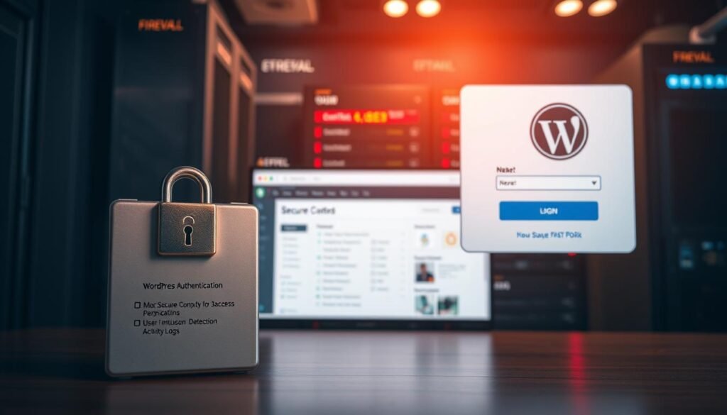 A well-lit scene showcasing various WordPress security measures. In the foreground, a secure user login interface with two-factor authentication and password complexity requirements. In the middle ground, a dashboard displaying user access controls, permission levels, and activity logs. The background features a server rack with firewall, intrusion detection, and encryption systems. Subtle ambient lighting creates a professional, tech-savvy atmosphere. The overall composition conveys a sense of comprehensive, multilayered security for WordPress websites.