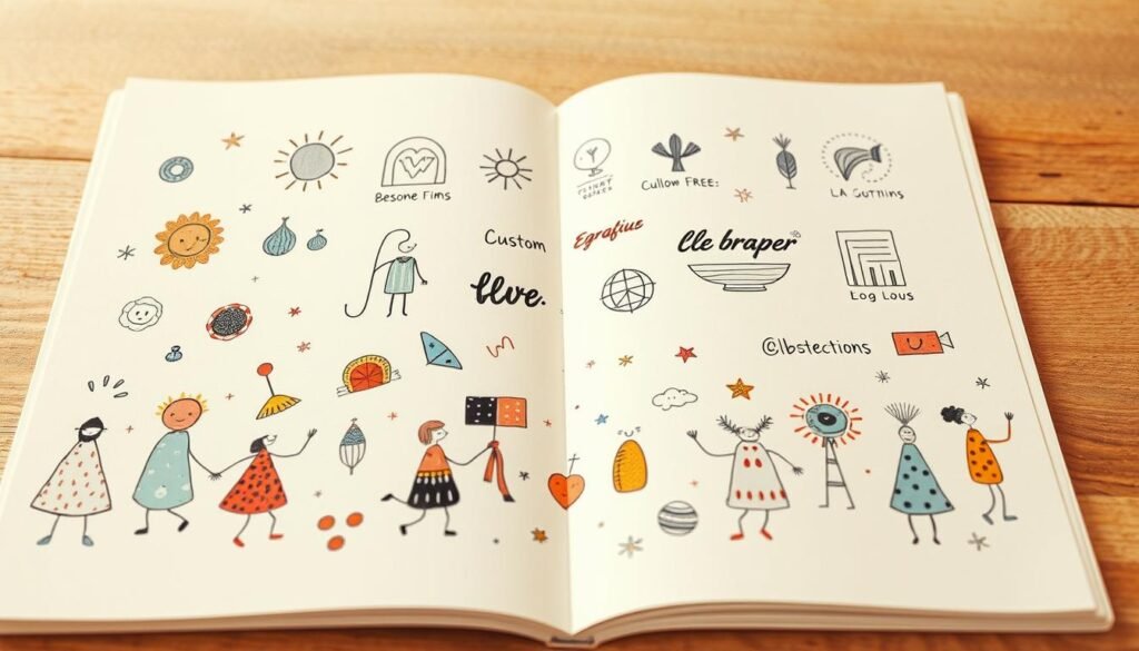 A whimsical, hand-drawn illustration depicting a variety of custom graphic elements. In the foreground, a vibrant palette of shapes, patterns, and abstract figures dance across the page, each with its own unique style and personality. In the middle ground, bespoke icons, logos, and decorative flourishes add depth and visual interest. The background features a subtle, textured backdrop that suggests the authentic, artisanal nature of the custom illustrations. Warm, soft lighting casts a dreamlike glow, while the composition is framed by a natural, organic layout that encourages the viewer to explore the delightful details. The overall atmosphere is one of creativity, playfulness, and a touch of the unexpected, perfectly capturing the essence of custom illustrations that can elevate a brand's visual identity.