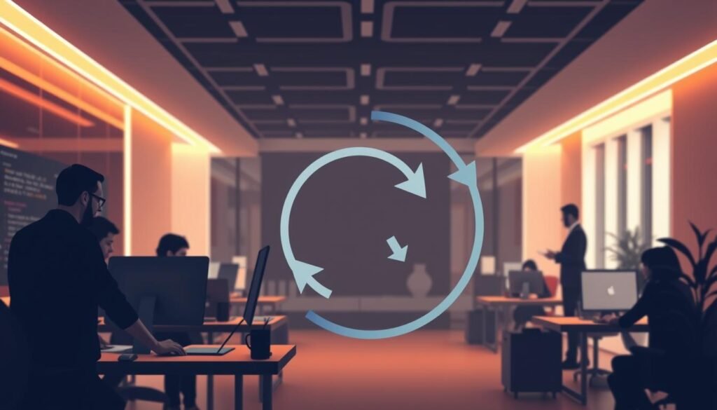 An agile software development process depicted in a digital illustration. In the foreground, a team of software engineers collaborating on a project, each contributing their unique skills and expertise. In the middle ground, an iterative spiral diagram representing the cyclical nature of the agile methodology, with feedback loops and continuous improvement. The background features a sleek, modern office environment with minimalist design elements and warm lighting, creating a sense of productivity and innovation. The overall mood is one of efficiency, collaboration, and forward-thinking, capturing the essence of the agile development approach. An agile software development process depicted in a digital illustration. In the foreground, a team of software engineers collaborating on a project, each contributing their unique skills and expertise. In the middle ground, an iterative spiral diagram representing the cyclical nature of the agile methodology, with feedback loops and continuous improvement. The background features a sleek, modern office environment with minimalist design elements and warm lighting, creating a sense of productivity and innovation. The overall mood is one of efficiency, collaboration, and forward-thinking, capturing the essence of the agile development approach.