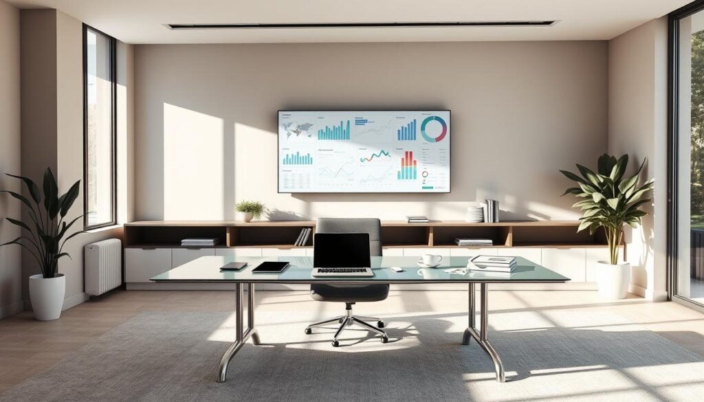 An elegant and minimalist office interior, bathed in soft natural light streaming through large windows. A sleek, modern desk with a laptop, tablet, and other business software peripherals neatly arranged. Behind it, a wall-mounted display showcases various data visualizations and charts, reflecting the analytical nature of the software solutions. The room is complemented by muted color tones, clean lines, and subtle textures that create a professional and productive atmosphere. The overall composition conveys a sense of efficiency, technology, and the strategic thinking required to determine the right business software solutions. An elegant and minimalist office interior, bathed in soft natural light streaming through large windows. A sleek, modern desk with a laptop, tablet, and other business software peripherals neatly arranged. Behind it, a wall-mounted display showcases various data visualizations and charts, reflecting the analytical nature of the software solutions. The room is complemented by muted color tones, clean lines, and subtle textures that create a professional and productive atmosphere. The overall composition conveys a sense of efficiency, technology, and the strategic thinking required to determine the right business software solutions.