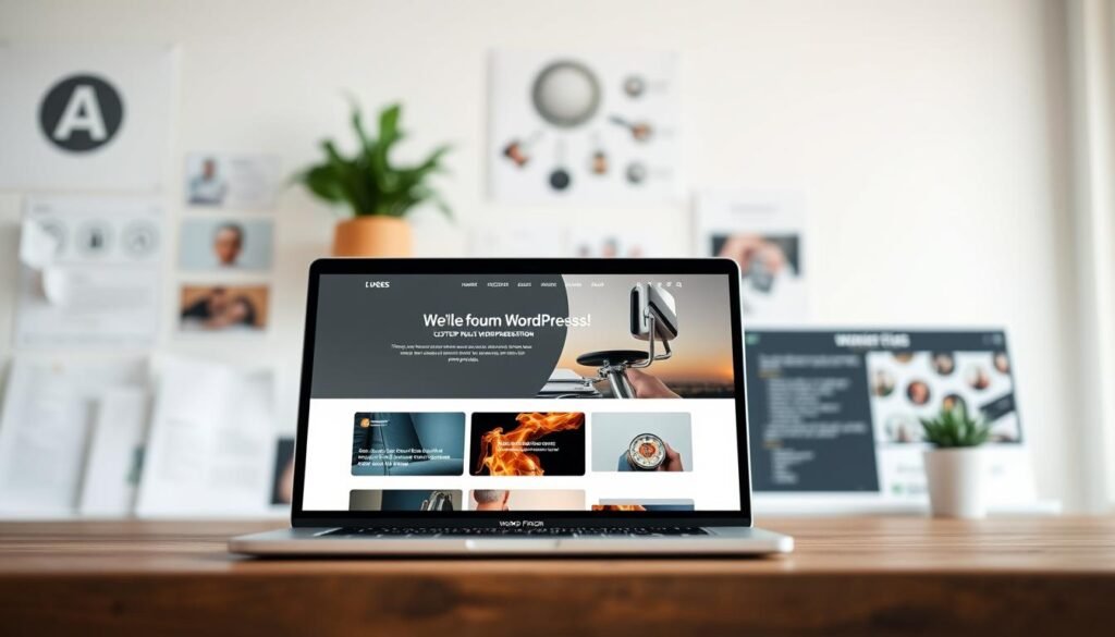 An elegant, modern WordPress website design with a clean and minimalist aesthetic. The foreground features a sleek laptop display showcasing a custom-built WordPress theme, with a tasteful color palette and crisp typography. The middle ground includes various web design elements such as wireframes, mockups, and UI components. The background depicts a minimalist workspace with natural lighting, blurred for a soft, atmospheric effect. The overall mood is one of creativity, professionalism, and attention to detail, capturing the essence of a customized WordPress site that stands out from the crowd.