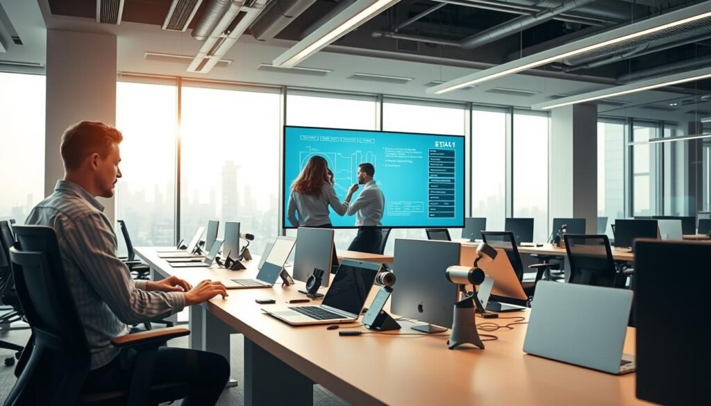 An expansive office space with ergonomic desks, sleek laptops, and high-tech accessories. Soft ambient lighting filters through large windows, casting a warm glow over the minimalist, yet efficient layout. In the foreground, a team collaborates seamlessly, their faces animated as they discuss complex diagrams displayed on a state-of-the-art touchscreen monitor. The middle ground showcases a variety of remote work tools, from wireless headphones to compact video conferencing cameras, all neatly organized on tidy workstations. In the background, a futuristic skyline hints at the global reach of this remote workplace, where the boundaries of traditional office environments have been redefined by innovative technologies. An expansive office space with ergonomic desks, sleek laptops, and high-tech accessories. Soft ambient lighting filters through large windows, casting a warm glow over the minimalist, yet efficient layout. In the foreground, a team collaborates seamlessly, their faces animated as they discuss complex diagrams displayed on a state-of-the-art touchscreen monitor. The middle ground showcases a variety of remote work tools, from wireless headphones to compact video conferencing cameras, all neatly organized on tidy workstations. In the background, a futuristic skyline hints at the global reach of this remote workplace, where the boundaries of traditional office environments have been redefined by innovative technologies.