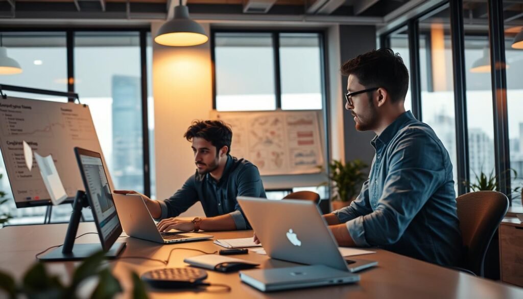 An office setting with two developers collaborating on a software project. In the foreground, two professionals sit at a desk, one pointing at a laptop screen while the other takes notes. Warm, natural lighting from overhead casts a soft glow on the scene. In the middle ground, a whiteboard displays flowcharts and diagrams, showcasing their teamwork. The background features floor-to-ceiling windows overlooking a cityscape, emphasizing the professional, modern atmosphere. The overall mood conveys a sense of focused, productive cooperation between the IT partners. An office setting with two developers collaborating on a software project. In the foreground, two professionals sit at a desk, one pointing at a laptop screen while the other takes notes. Warm, natural lighting from overhead casts a soft glow on the scene. In the middle ground, a whiteboard displays flowcharts and diagrams, showcasing their teamwork. The background features floor-to-ceiling windows overlooking a cityscape, emphasizing the professional, modern atmosphere. The overall mood conveys a sense of focused, productive cooperation between the IT partners.