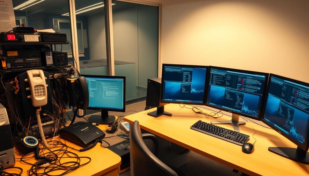 An office setting with two distinct workstations, one for IT support and the other for IT development. The IT support station is cluttered with various cables, hardware, and a ringing landline phone, conveying a sense of immediate troubleshooting. In contrast, the IT development station features a sleek, modern setup with multiple high-resolution monitors, a keyboard, and a mouse, suggesting a more focused, analytical approach. The lighting is warm and inviting, casting a soft glow across the scene. The angle is slightly elevated, providing a bird's-eye view that allows the viewer to compare the contrasting environments. The overall mood is one of professionalism and the subtle tension between the reactive nature of IT support and the proactive, innovative nature of IT development. An office setting with two distinct workstations, one for IT support and the other for IT development. The IT support station is cluttered with various cables, hardware, and a ringing landline phone, conveying a sense of immediate troubleshooting. In contrast, the IT development station features a sleek, modern setup with multiple high-resolution monitors, a keyboard, and a mouse, suggesting a more focused, analytical approach. The lighting is warm and inviting, casting a soft glow across the scene. The angle is slightly elevated, providing a bird's-eye view that allows the viewer to compare the contrasting environments. The overall mood is one of professionalism and the subtle tension between the reactive nature of IT support and the proactive, innovative nature of IT development.