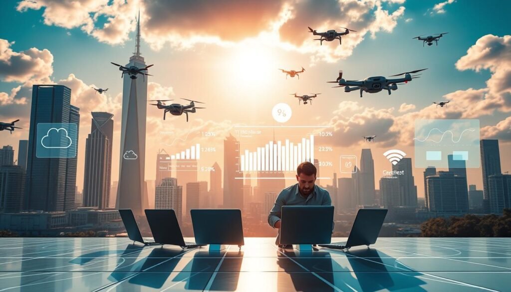 Cloud-based IT development with a vibrant, dynamic atmosphere. A futuristic cityscape in the background, towering skyscrapers amidst a vibrant, sun-drenched sky. In the foreground, a team of software engineers collaborating on laptops, surrounded by holographic displays showcasing project milestones and real-time data analytics. Drones and autonomous vehicles zip through the air, symbolizing the efficiency and automation of cloud-based infrastructure. The lighting is sharp and modern, casting long shadows and highlighting the sleek, minimalist aesthetics of the technology. The overall mood is one of innovation, progress, and the seamless integration of cloud computing into the daily workflows of a thriving, modern business. Cloud-based IT development with a vibrant, dynamic atmosphere. A futuristic cityscape in the background, towering skyscrapers amidst a vibrant, sun-drenched sky. In the foreground, a team of software engineers collaborating on laptops, surrounded by holographic displays showcasing project milestones and real-time data analytics. Drones and autonomous vehicles zip through the air, symbolizing the efficiency and automation of cloud-based infrastructure. The lighting is sharp and modern, casting long shadows and highlighting the sleek, minimalist aesthetics of the technology. The overall mood is one of innovation, progress, and the seamless integration of cloud computing into the daily workflows of a thriving, modern business.