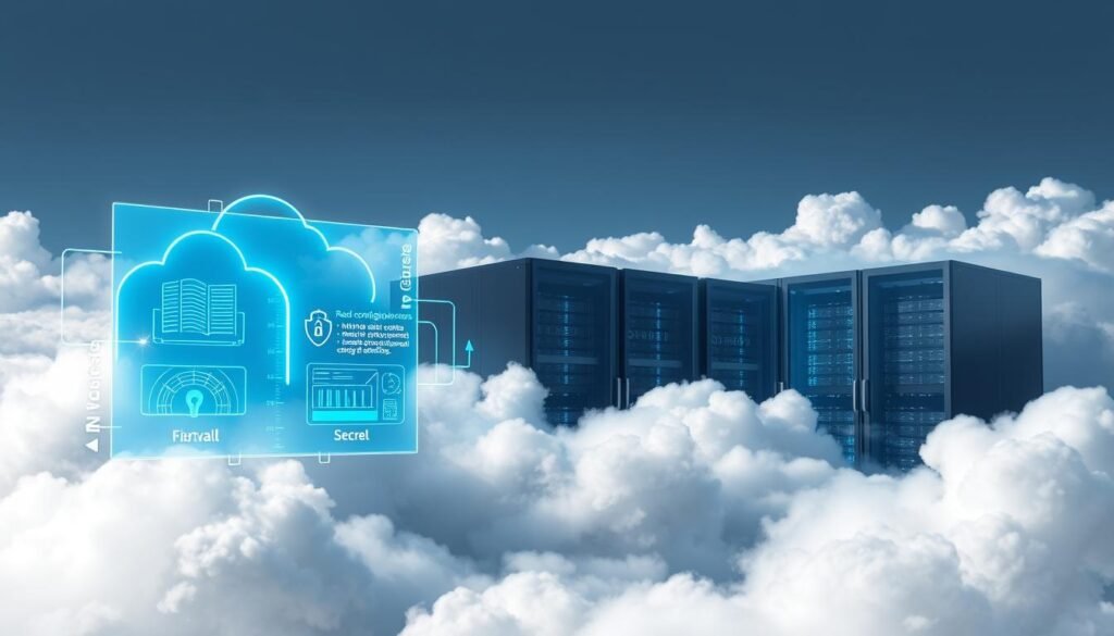 Clouds shroud a sleek, modern data center, its servers and infrastructure protected by a multilayered security system. In the foreground, a holographic display showcases intricate firewall configurations, encrypted data pathways, and real-time threat monitoring. The middle ground features biometric access controls, secure VPN tunnels, and anomaly detection algorithms. In the background, towering server racks are bathed in a cool, azure glow, symbolizing the robust safeguards of the cloud. The scene conveys a sense of technological sophistication, data integrity, and unwavering vigilance - the hallmarks of a secure, cloud-based IT infrastructure. Clouds shroud a sleek, modern data center, its servers and infrastructure protected by a multilayered security system. In the foreground, a holographic display showcases intricate firewall configurations, encrypted data pathways, and real-time threat monitoring. The middle ground features biometric access controls, secure VPN tunnels, and anomaly detection algorithms. In the background, towering server racks are bathed in a cool, azure glow, symbolizing the robust safeguards of the cloud. The scene conveys a sense of technological sophistication, data integrity, and unwavering vigilance - the hallmarks of a secure, cloud-based IT infrastructure.