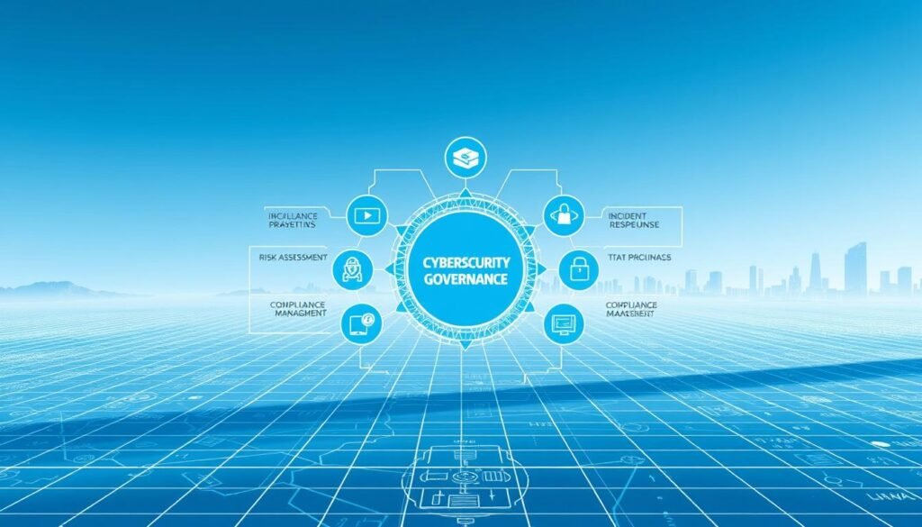 Cybersecurity governance framework, a sophisticated network of interconnected policies, procedures, and practices, depicted in a clean, minimalist digital landscape. In the foreground, a central hub showcases various cybersecurity components, including risk assessment, incident response, and compliance management, all rendered in shades of blue and gray. The middle ground features a grid-like pattern, representing the intricate web of digital systems and data flows, while the background gradually fades into a serene, futuristic cityscape, hinting at the importance of comprehensive cybersecurity strategies for businesses. Lighting is soft and directional, casting subtle shadows to emphasize the depth and structure of the framework. The overall atmosphere conveys a sense of order, control, and technological prowess. Cybersecurity governance framework, a sophisticated network of interconnected policies, procedures, and practices, depicted in a clean, minimalist digital landscape. In the foreground, a central hub showcases various cybersecurity components, including risk assessment, incident response, and compliance management, all rendered in shades of blue and gray. The middle ground features a grid-like pattern, representing the intricate web of digital systems and data flows, while the background gradually fades into a serene, futuristic cityscape, hinting at the importance of comprehensive cybersecurity strategies for businesses. Lighting is soft and directional, casting subtle shadows to emphasize the depth and structure of the framework. The overall atmosphere conveys a sense of order, control, and technological prowess.