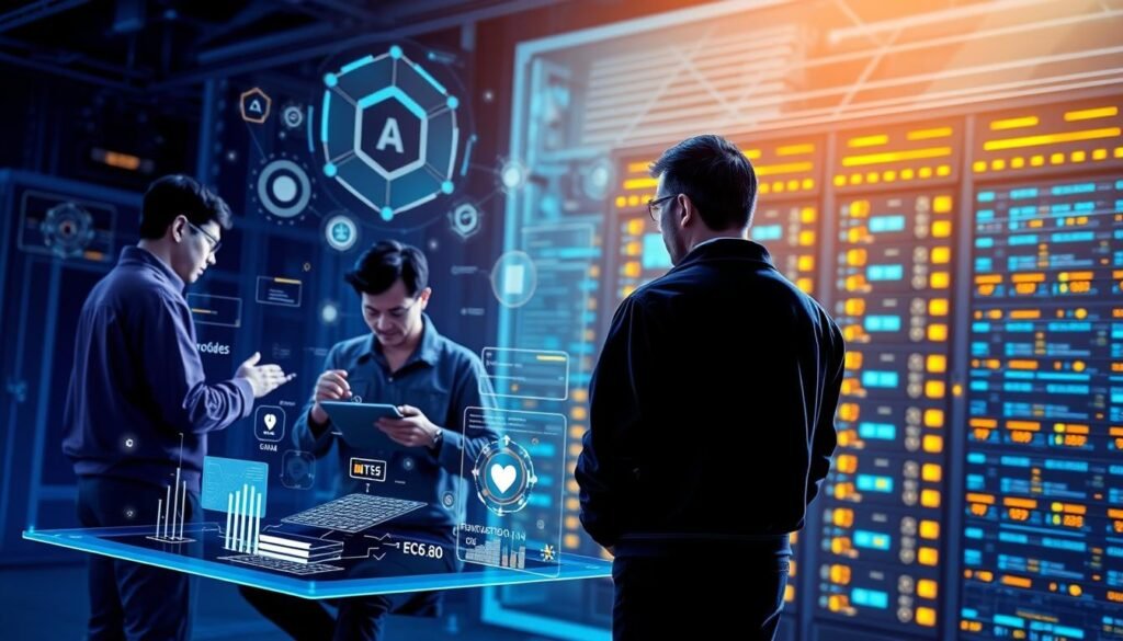 Detailed illustration of AI applications in IT development. Foreground depicts a team of software engineers collaborating on a holographic interface, brainstorming ideas and visualizing data. Middle ground shows AI-powered tools automating code generation, testing, and deployment. Background features a server rack with glowing indicators, symbolizing the integration of AI into the IT infrastructure. Lighting is a mix of cool blues and warm yellows, creating a futuristic, tech-savvy atmosphere. Camera angle is slightly elevated, conveying a sense of progress and innovation in the field of AI-driven IT development. Detailed illustration of AI applications in IT development. Foreground depicts a team of software engineers collaborating on a holographic interface, brainstorming ideas and visualizing data. Middle ground shows AI-powered tools automating code generation, testing, and deployment. Background features a server rack with glowing indicators, symbolizing the integration of AI into the IT infrastructure. Lighting is a mix of cool blues and warm yellows, creating a futuristic, tech-savvy atmosphere. Camera angle is slightly elevated, conveying a sense of progress and innovation in the field of AI-driven IT development.