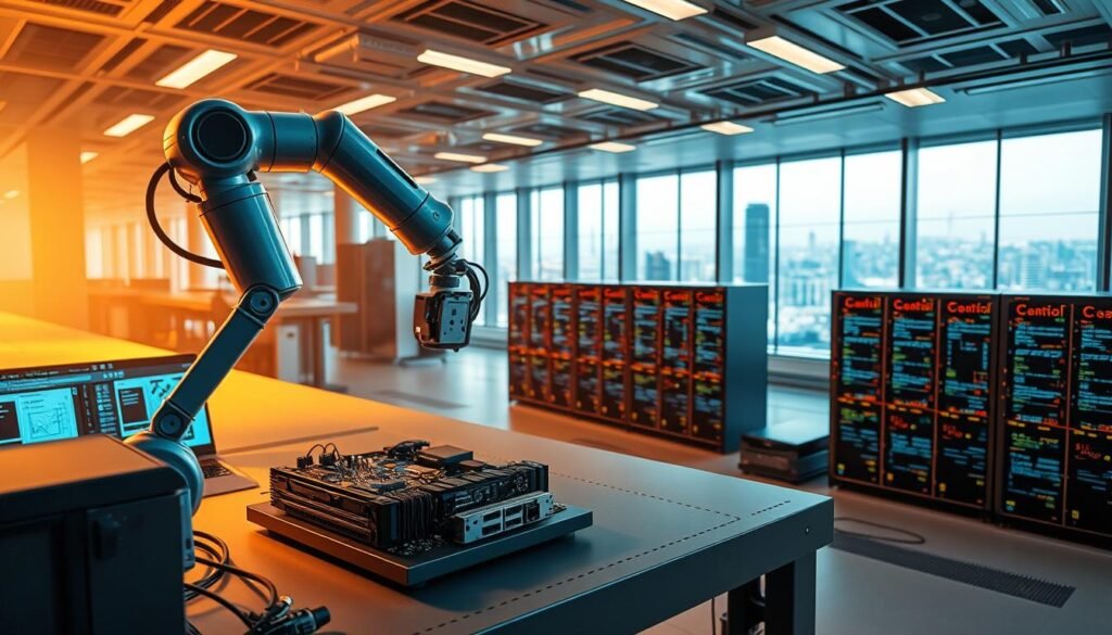 Detailed scene of AI-driven automation in IT development. In the foreground, a futuristic robotic arm precisely assembles computer components on a sleek workbench, its movements guided by complex algorithms. In the middle ground, rows of servers hum with activity, data visualizations and code snippets flickering across their screens. The background is a panoramic view of a modern, high-tech office, floor-to-ceiling windows offering a glimpse of a gleaming cityscape beyond. Warm, diffuse lighting casts a glow over the entire scene, creating a sense of technological prowess and innovation. The overall atmosphere is one of efficiency, precision, and the seamless integration of artificial intelligence into the IT development process. Detailed scene of AI-driven automation in IT development. In the foreground, a futuristic robotic arm precisely assembles computer components on a sleek workbench, its movements guided by complex algorithms. In the middle ground, rows of servers hum with activity, data visualizations and code snippets flickering across their screens. The background is a panoramic view of a modern, high-tech office, floor-to-ceiling windows offering a glimpse of a gleaming cityscape beyond. Warm, diffuse lighting casts a glow over the entire scene, creating a sense of technological prowess and innovation. The overall atmosphere is one of efficiency, precision, and the seamless integration of artificial intelligence into the IT development process.