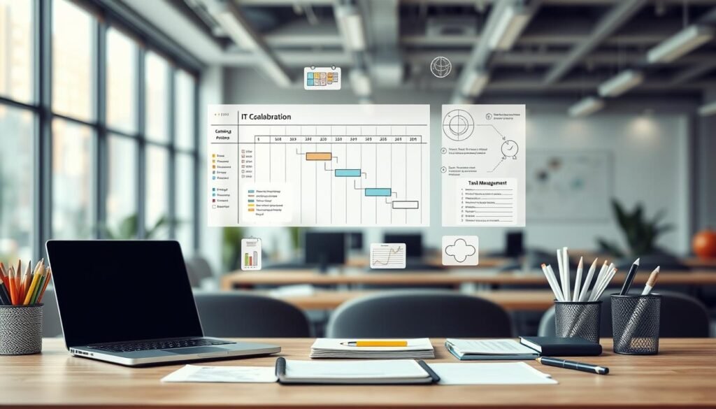 Detailed technical illustration of IT project management tips in a clean, modern style. A well-organized desk with a laptop, notebook, and various office supplies in the foreground. In the middle ground, a gantt chart, team collaboration notes, and task management diagrams float above the desk, rendered with precise lines and subtle textures. The background features a blurred office environment with large windows letting in soft, directional lighting. The overall atmosphere is focused, productive, and informative, conveying the importance of thorough documentation in successful IT project management. Detailed technical illustration of IT project management tips in a clean, modern style. A well-organized desk with a laptop, notebook, and various office supplies in the foreground. In the middle ground, a gantt chart, team collaboration notes, and task management diagrams float above the desk, rendered with precise lines and subtle textures. The background features a blurred office environment with large windows letting in soft, directional lighting. The overall atmosphere is focused, productive, and informative, conveying the importance of thorough documentation in successful IT project management.