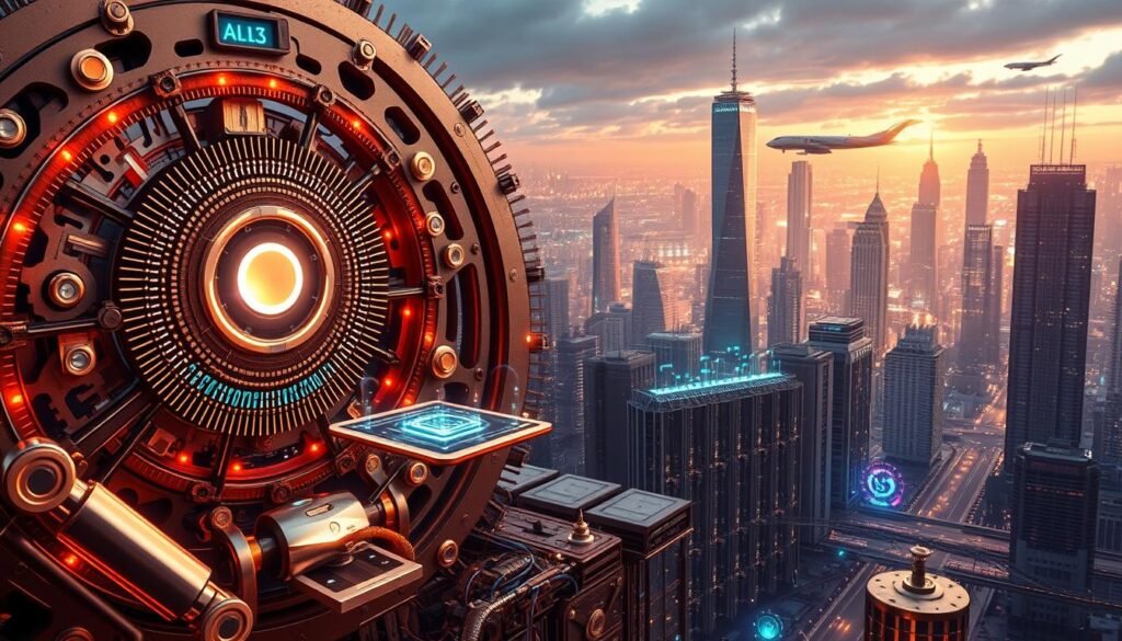 Intricate clockwork machinery with glowing circuits, levitating holographic interfaces, and translucent displays. In the foreground, sleek robotic arms manipulate data streams, while in the middle ground, a cluster of interconnected servers hum with AI-driven analytics. The background is a shimmering cityscape of towering skyscrapers and floating transport, bathed in a warm, futuristic glow. The scene conveys a sense of technological sophistication, seamless integration, and endless possibilities for innovative software solutions. Intricate clockwork machinery with glowing circuits, levitating holographic interfaces, and translucent displays. In the foreground, sleek robotic arms manipulate data streams, while in the middle ground, a cluster of interconnected servers hum with AI-driven analytics. The background is a shimmering cityscape of towering skyscrapers and floating transport, bathed in a warm, futuristic glow. The scene conveys a sense of technological sophistication, seamless integration, and endless possibilities for innovative software solutions.