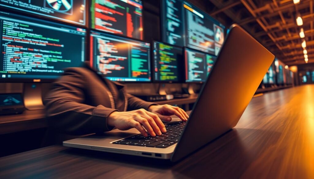 Prompt A dynamic scene showcasing the speed of custom software implementation. In the foreground, a software engineer rapidly typing on a sleek, high-end laptop, surrounded by a blurred background of screens displaying code, progress bars, and deployment tools. The lighting is warm and focused, creating a sense of urgency and efficiency. The camera angle is slightly elevated, conveying a bird's-eye view of the process, emphasizing the speed and precision of the custom software development workflow. The overall mood is one of streamlined productivity, highlighting the agility and responsiveness of a tailored software solution. Prompt A dynamic scene showcasing the speed of custom software implementation. In the foreground, a software engineer rapidly typing on a sleek, high-end laptop, surrounded by a blurred background of screens displaying code, progress bars, and deployment tools. The lighting is warm and focused, creating a sense of urgency and efficiency. The camera angle is slightly elevated, conveying a bird's-eye view of the process, emphasizing the speed and precision of the custom software development workflow. The overall mood is one of streamlined productivity, highlighting the agility and responsiveness of a tailored software solution.