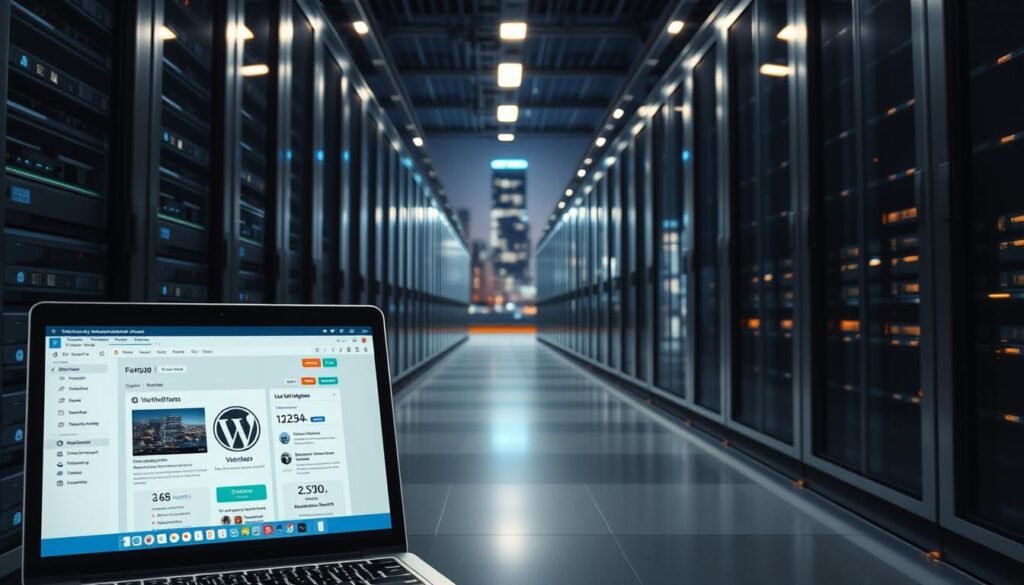Secure WordPress Hosting: a sleek, modern data center with rows of gleaming servers, encased in reinforced steel and glass. Dramatic lighting casts long shadows, conveying a sense of unwavering protection. In the foreground, a laptop screen displays a WordPress dashboard, its interface secured by multiple layers of encryption. The background features a cityscape at night, the hosting facility standing tall and impenetrable, a fortress against cyber threats. The overall atmosphere is one of technological sophistication, robustness, and uncompromising digital security.
