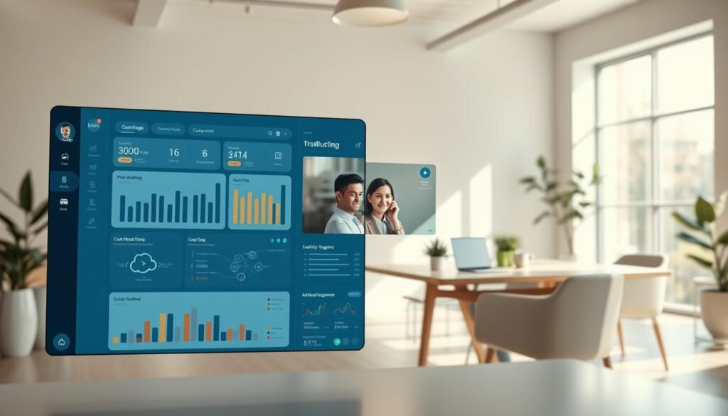 Sleek and modern remote workforce management software suite. Foreground depicts an intuitive dashboard with productivity metrics, collaboration tools, and employee engagement insights. Middle ground shows virtual team members engaged in a video call, icons representing cloud-based data storage and communications. Background depicts a minimalist, sun-drenched office space with clean lines, natural materials, and biophilic design elements. Lighting is soft and diffused, creating a serene, focused atmosphere. Composition uses a wide, cinematic aspect ratio to convey the comprehensive nature of the hybrid workplace software. Sleek and modern remote workforce management software suite. Foreground depicts an intuitive dashboard with productivity metrics, collaboration tools, and employee engagement insights. Middle ground shows virtual team members engaged in a video call, icons representing cloud-based data storage and communications. Background depicts a minimalist, sun-drenched office space with clean lines, natural materials, and biophilic design elements. Lighting is soft and diffused, creating a serene, focused atmosphere. Composition uses a wide, cinematic aspect ratio to convey the comprehensive nature of the hybrid workplace software.