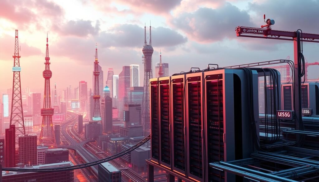 Vibrant 5G network infrastructure, with towering cell towers and glowing antennas, dominates a futuristic cityscape. In the foreground, a sleek data center stands as the heart of the digital ecosystem, its metallic facade reflecting the neon-tinged skyline. Cables and conduits weave through the urban landscape, connecting devices and transmitting data at lightning speeds. The overall scene conveys a sense of technological progress, with the 5G network as the catalyst propelling IT infrastructure into the future. Vibrant 5G network infrastructure, with towering cell towers and glowing antennas, dominates a futuristic cityscape. In the foreground, a sleek data center stands as the heart of the digital ecosystem, its metallic facade reflecting the neon-tinged skyline. Cables and conduits weave through the urban landscape, connecting devices and transmitting data at lightning speeds. The overall scene conveys a sense of technological progress, with the 5G network as the catalyst propelling IT infrastructure into the future.