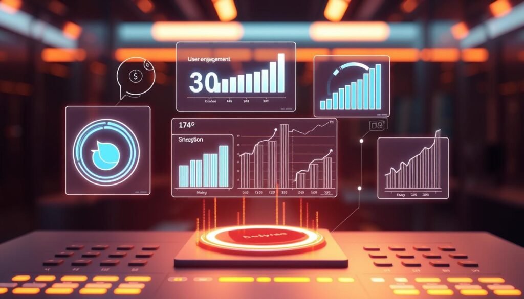 Vivid holographic visualization of digital transformation metrics, showcasing key performance indicators in a futuristic, data-driven landscape. Crisp, high-resolution 3D holograms depicting various metrics - user engagement, revenue growth, operational efficiency - floating above a sleek, minimalist control panel. Soft, warm lighting illuminates the scene, with a subtle depth-of-field effect creating a sense of depth and dimensionality. The overall mood is one of technological sophistication, progress, and data-driven decision making, reflecting the "Measuring Success in Digital Transformation" theme. Vivid holographic visualization of digital transformation metrics, showcasing key performance indicators in a futuristic, data-driven landscape. Crisp, high-resolution 3D holograms depicting various metrics - user engagement, revenue growth, operational efficiency - floating above a sleek, minimalist control panel. Soft, warm lighting illuminates the scene, with a subtle depth-of-field effect creating a sense of depth and dimensionality. The overall mood is one of technological sophistication, progress, and data-driven decision making, reflecting the "Measuring Success in Digital Transformation" theme.