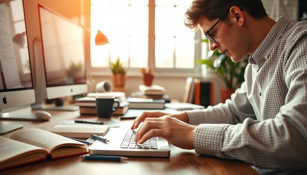a busy workspace with a desk and computer, surrounded by open notebooks, pens, and a cup of coffee, creating an atmosphere of focused, creative blogging; a large window in the background lets in natural light, casting a warm glow on the scene; the foreground features a person's hands typing intently on the keyboard, with a thoughtful expression on their face; the composition highlights the act of writing and crafting content, conveying a sense of productivity and inspiration for creating engaging content.