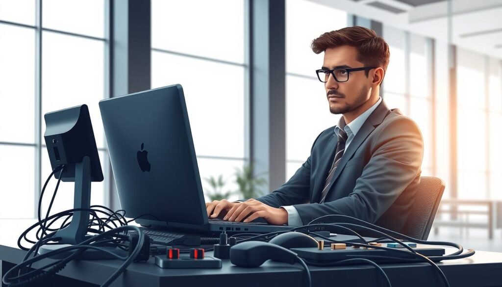 a detailed and realistic digital illustration of an IT development partner, showing a professional-looking individual in a modern office environment. The foreground depicts the IT professional, dressed in business attire, sitting at a desk and intently focused on a laptop screen. The middle ground showcases an array of technology accessories such as a keyboard, mouse, and various cables, highlighting the technical nature of the role. The background depicts a sleek, minimalist office space with large windows providing ample natural lighting, conveying a sense of productivity and innovation. The lighting is soft and directional, creating depth and emphasizing the subject's features. The overall mood is one of professionalism, efficiency, and technological expertise. a detailed and realistic digital illustration of an IT development partner, showing a professional-looking individual in a modern office environment. The foreground depicts the IT professional, dressed in business attire, sitting at a desk and intently focused on a laptop screen. The middle ground showcases an array of technology accessories such as a keyboard, mouse, and various cables, highlighting the technical nature of the role. The background depicts a sleek, minimalist office space with large windows providing ample natural lighting, conveying a sense of productivity and innovation. The lighting is soft and directional, creating depth and emphasizing the subject's features. The overall mood is one of professionalism, efficiency, and technological expertise.