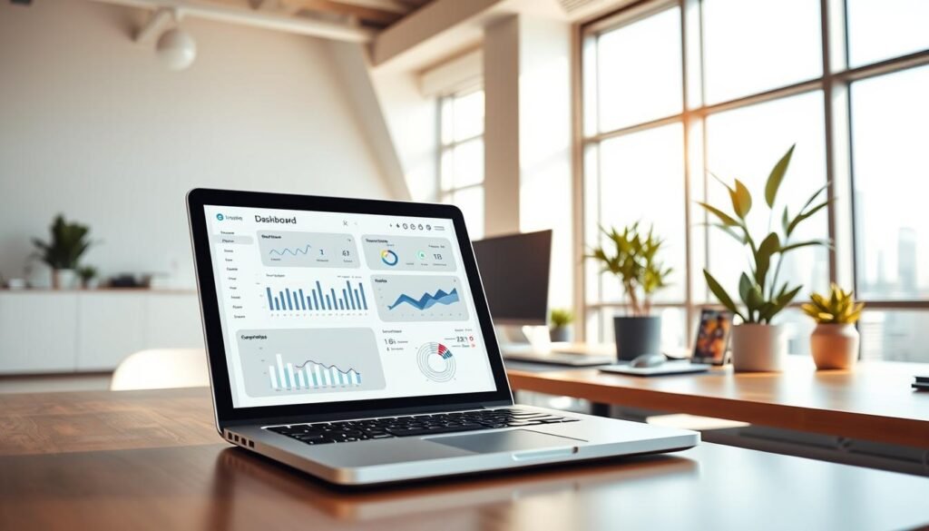 a detailed, high-quality, photorealistic illustration of a clean, modern web application design with a focus on key user interface elements. The foreground shows a laptop display with a responsive, intuitive dashboard featuring sleek icons, well-organized data visualizations, and an elegant color palette of blues, grays, and whites. The middle ground includes a minimalist, desktop workspace with a stylish mouse, keyboard, and other office accessories, all bathed in warm, natural lighting from a large window. The background depicts a bright, airy office space with geometric architectural details, potted plants, and hints of a city skyline visible through the window. a detailed, high-quality, photorealistic illustration of a clean, modern web application design with a focus on key user interface elements. The foreground shows a laptop display with a responsive, intuitive dashboard featuring sleek icons, well-organized data visualizations, and an elegant color palette of blues, grays, and whites. The middle ground includes a minimalist, desktop workspace with a stylish mouse, keyboard, and other office accessories, all bathed in warm, natural lighting from a large window. The background depicts a bright, airy office space with geometric architectural details, potted plants, and hints of a city skyline visible through the window.