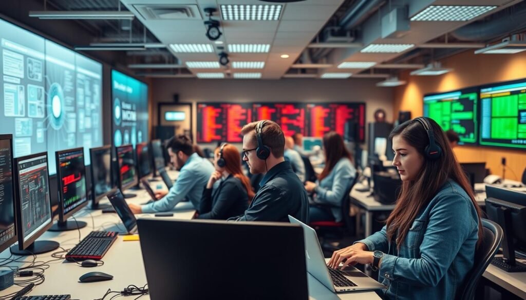 a detailed, vibrant, and technologically advanced office space showcasing a variety of IT support services, with a clean, professional atmosphere. in the foreground, a team of IT technicians with laptops and devices, assisting clients. the middle ground features various computer equipment, networking cables, and hardware components neatly organized on desks. the background shows a large display with a network diagram and technical information, creating an immersive and informative environment. the lighting is bright and evenly distributed, with a slight warm tone to convey a sense of productivity and expertise. the overall composition conveys a well-equipped, efficient, and customer-centric IT support services department. a detailed, vibrant, and technologically advanced office space showcasing a variety of IT support services, with a clean, professional atmosphere. in the foreground, a team of IT technicians with laptops and devices, assisting clients. the middle ground features various computer equipment, networking cables, and hardware components neatly organized on desks. the background shows a large display with a network diagram and technical information, creating an immersive and informative environment. the lighting is bright and evenly distributed, with a slight warm tone to convey a sense of productivity and expertise. the overall composition conveys a well-equipped, efficient, and customer-centric IT support services department.