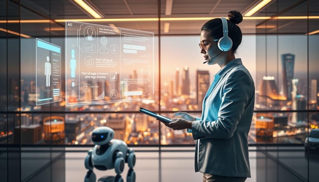 a futuristic scene of artificial intelligence in customer experience, set in a sleek and modern office environment. in the foreground, a customer service agent interacts with a holographic display, using natural language processing and sentiment analysis to provide personalized assistance. in the middle ground, autonomous robots move efficiently, handling tasks like inventory management and order fulfillment. the background features a panoramic view of a bustling city skyline, with smart buildings and self-driving vehicles, conveying a sense of technological advancement and innovation. the lighting is warm and ambient, creating a welcoming atmosphere. the overall scene reflects the integration of AI-powered solutions to enhance customer experience and drive business growth. a futuristic scene of artificial intelligence in customer experience, set in a sleek and modern office environment. in the foreground, a customer service agent interacts with a holographic display, using natural language processing and sentiment analysis to provide personalized assistance. in the middle ground, autonomous robots move efficiently, handling tasks like inventory management and order fulfillment. the background features a panoramic view of a bustling city skyline, with smart buildings and self-driving vehicles, conveying a sense of technological advancement and innovation. the lighting is warm and ambient, creating a welcoming atmosphere. the overall scene reflects the integration of AI-powered solutions to enhance customer experience and drive business growth.