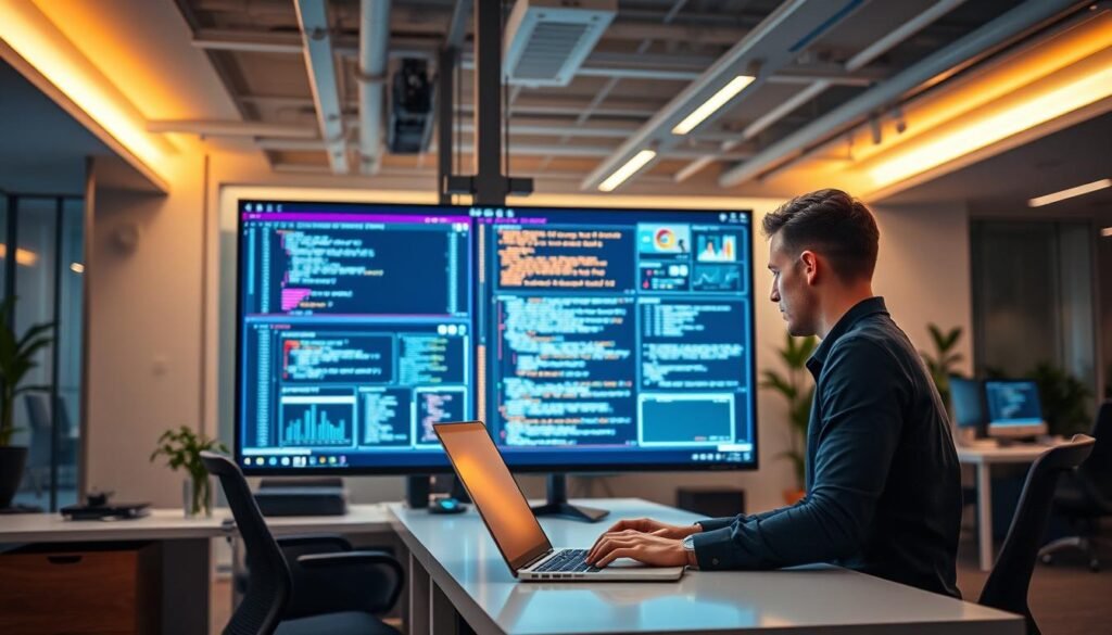 a high-tech office workspace with a focus on custom IT solutions, featuring a large monitor displaying various coding interfaces and software development tools, with a developer working intently on a laptop in the foreground, surrounded by a clean, minimalist design with modern furniture and sleek architectural elements, illuminated by warm, directional lighting that creates a sense of productivity and innovation a high-tech office workspace with a focus on custom IT solutions, featuring a large monitor displaying various coding interfaces and software development tools, with a developer working intently on a laptop in the foreground, surrounded by a clean, minimalist design with modern furniture and sleek architectural elements, illuminated by warm, directional lighting that creates a sense of productivity and innovation