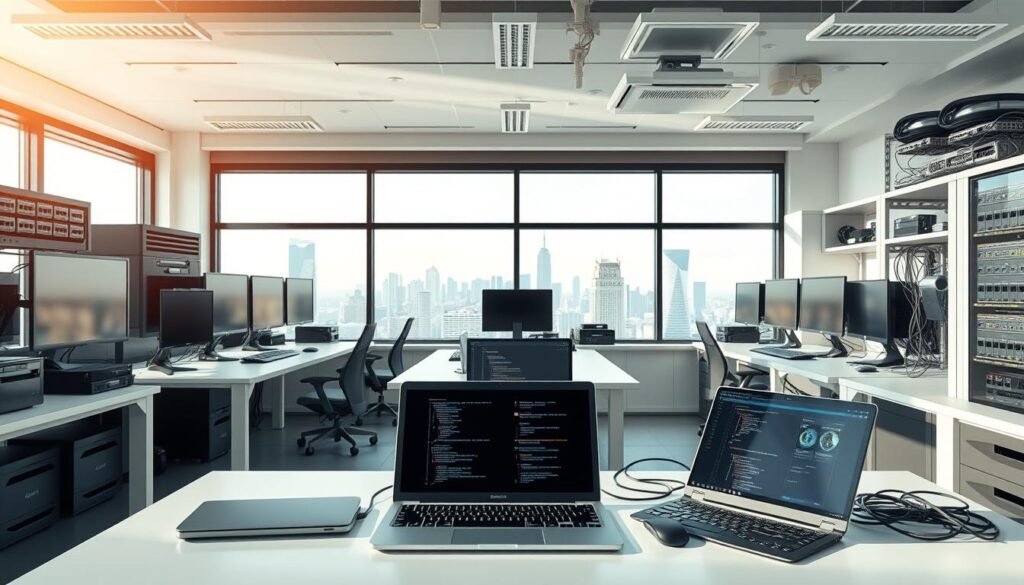 a high-tech, well-organized office space with clean, minimalist desks, sleek computer monitors, and a variety of advanced IT components such as networking routers, servers, cables, and storage devices. The lighting is bright and natural, creating a professional and productive atmosphere. The background features a large window overlooking a modern cityscape, adding a sense of technology and innovation. The foreground showcases various development tools, including a laptop, coding keyboards, and a tablet with design software. The overall scene conveys the key components necessary for quality IT development - a sophisticated, well-equipped workspace that facilitates efficient, high-quality work. a high-tech, well-organized office space with clean, minimalist desks, sleek computer monitors, and a variety of advanced IT components such as networking routers, servers, cables, and storage devices. The lighting is bright and natural, creating a professional and productive atmosphere. The background features a large window overlooking a modern cityscape, adding a sense of technology and innovation. The foreground showcases various development tools, including a laptop, coding keyboards, and a tablet with design software. The overall scene conveys the key components necessary for quality IT development - a sophisticated, well-equipped workspace that facilitates efficient, high-quality work.