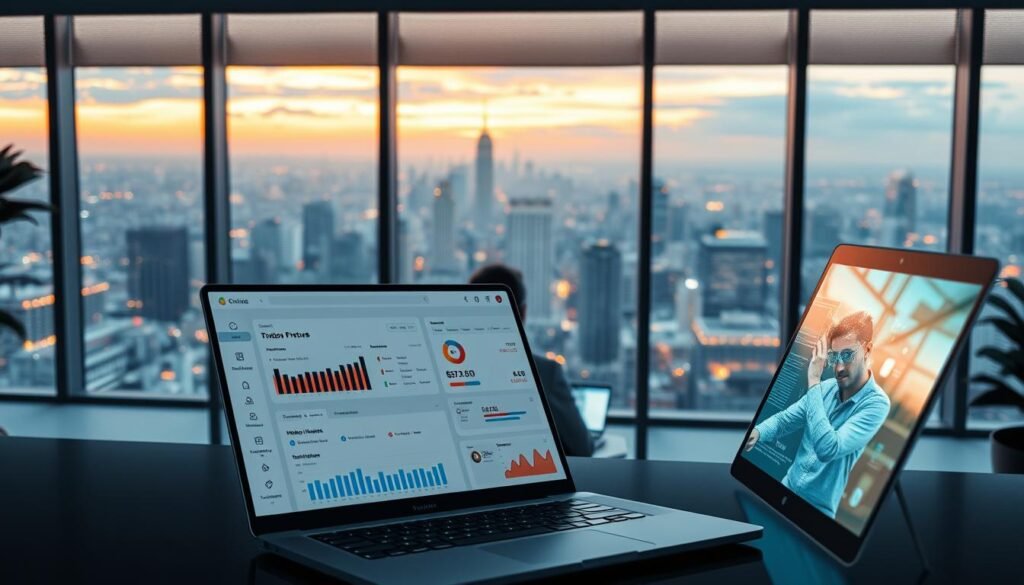 a highly detailed digital illustration of bespoke software solutions, showcasing a meticulously crafted user interface design with sleek, minimalist aesthetics. The foreground features a laptop screen displaying an intuitive dashboard with real-time performance metrics, user insights, and customizable visualization tools. The middle ground depicts a team of software engineers collaborating remotely, their faces obscured by glowing holographic displays. In the background, a sprawling city skyline is visible through floor-to-ceiling windows, bathed in the warm glow of a sunset. The lighting is soft and diffused, creating a serene, professional atmosphere. The entire scene is captured through a wide-angle lens, emphasizing the sense of scale and complexity inherent in delivering high-quality, tailored software solutions. a highly detailed digital illustration of bespoke software solutions, showcasing a meticulously crafted user interface design with sleek, minimalist aesthetics. The foreground features a laptop screen displaying an intuitive dashboard with real-time performance metrics, user insights, and customizable visualization tools. The middle ground depicts a team of software engineers collaborating remotely, their faces obscured by glowing holographic displays. In the background, a sprawling city skyline is visible through floor-to-ceiling windows, bathed in the warm glow of a sunset. The lighting is soft and diffused, creating a serene, professional atmosphere. The entire scene is captured through a wide-angle lens, emphasizing the sense of scale and complexity inherent in delivering high-quality, tailored software solutions.