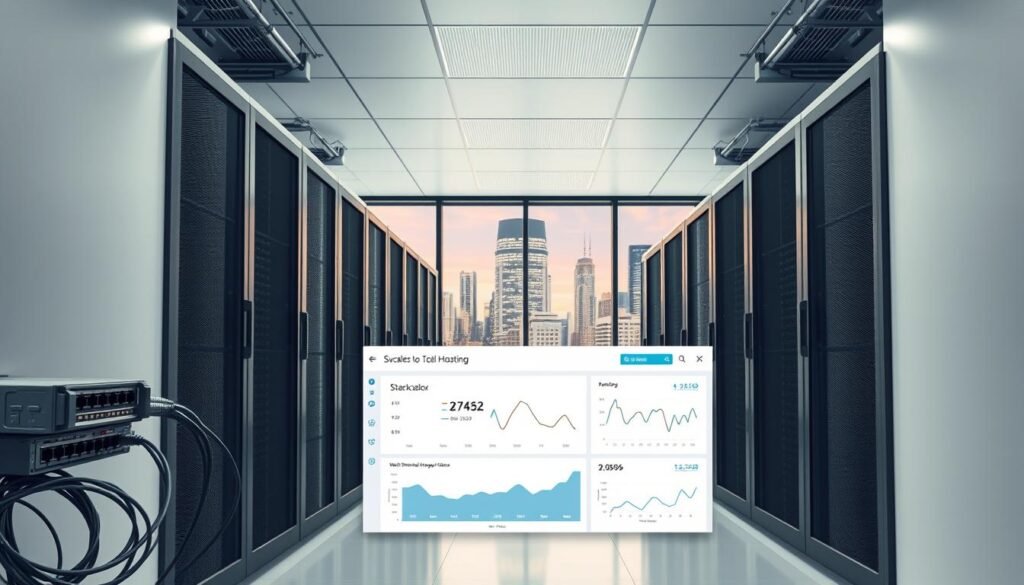 a modern, minimalist data center with rows of sleek, high-performance servers in a climate-controlled environment, bathed in soft, even lighting from above. In the foreground, a network switch and cables symbolize the scalable, interconnected infrastructure. The middle ground features a dashboard with real-time metrics and graphs, showcasing the system's performance and scalability. In the background, a large window overlooking a vibrant city skyline, representing the global reach and accessibility of the hosting solution. The overall scene conveys a sense of efficiency, reliability, and adaptability - the key attributes of a scalable WordPress hosting platform.