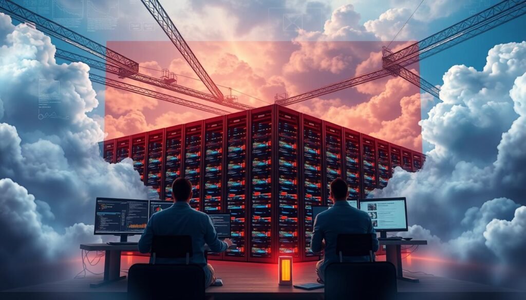 a photorealistic digital illustration of IT development scalability, showcasing a dynamic, interconnected network of servers, data centers, and cloud infrastructure. The foreground depicts a trio of developers collaborating on cutting-edge software, their screens displaying intricate code and real-time performance metrics. The middle ground features a sprawling data center, with rows of server racks and blinking status lights, symbolizing the scalable computing power powering the IT ecosystem. In the background, a vast, cloud-filled sky represents the limitless scalability and flexibility of cloud-based technologies, complemented by futuristic holographic interfaces and wireframe visualizations. The lighting is a balanced mix of warm, task-focused illumination and cool, ambient tones, creating a sense of depth and technological sophistication. The overall atmosphere conveys the synergy between human ingenuity and advanced IT infrastructure, enabling seamless scalability to meet evolving customer needs. a photorealistic digital illustration of IT development scalability, showcasing a dynamic, interconnected network of servers, data centers, and cloud infrastructure. The foreground depicts a trio of developers collaborating on cutting-edge software, their screens displaying intricate code and real-time performance metrics. The middle ground features a sprawling data center, with rows of server racks and blinking status lights, symbolizing the scalable computing power powering the IT ecosystem. In the background, a vast, cloud-filled sky represents the limitless scalability and flexibility of cloud-based technologies, complemented by futuristic holographic interfaces and wireframe visualizations. The lighting is a balanced mix of warm, task-focused illumination and cool, ambient tones, creating a sense of depth and technological sophistication. The overall atmosphere conveys the synergy between human ingenuity and advanced IT infrastructure, enabling seamless scalability to meet evolving customer needs.