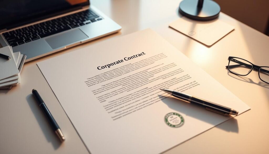 a professional corporate contract for a software development company, with a high-quality digital signature and official seals, laid out on a clean, well-lit desk with a warm, professional atmosphere. The contract is the central focus, with a pen, laptop, and other office supplies arranged neatly around it, conveying a sense of attention to detail and diligence. The lighting is soft and indirect, creating a sophisticated, business-like ambiance. The background is a neutral, muted color scheme, allowing the contract to take center stage. a professional corporate contract for a software development company, with a high-quality digital signature and official seals, laid out on a clean, well-lit desk with a warm, professional atmosphere. The contract is the central focus, with a pen, laptop, and other office supplies arranged neatly around it, conveying a sense of attention to detail and diligence. The lighting is soft and indirect, creating a sophisticated, business-like ambiance. The background is a neutral, muted color scheme, allowing the contract to take center stage.