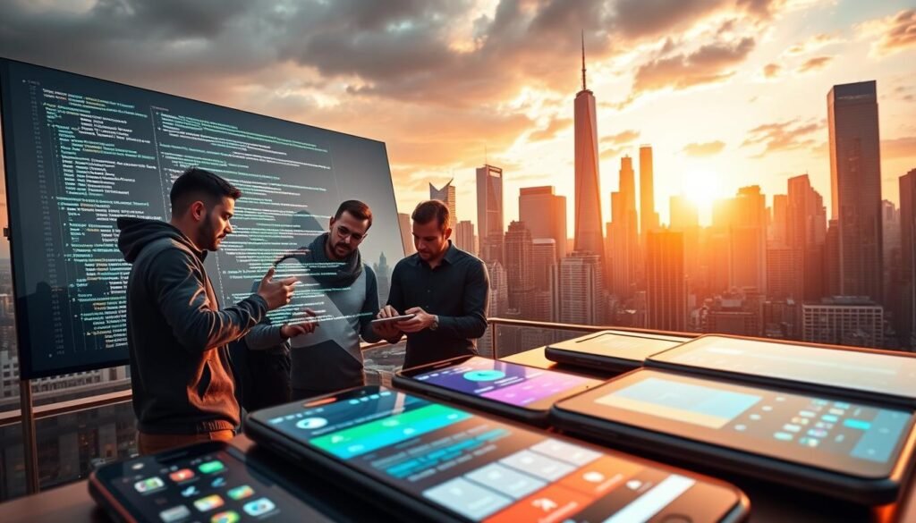 a vibrant and dynamic mobile application development scene, set against the backdrop of a bustling city skyline. In the foreground, a group of developers huddle around a large touchscreen display, lines of code flickering across the screen as they collaborate on a new app. The middle ground features an array of mobile devices, each showcasing sleek and intuitive interfaces, reflecting the latest trends in UI/UX design. In the background, towering skyscrapers and tech hubs suggest the rapidly evolving landscape of the mobile app industry, with a sense of energy and innovation permeating the scene. The lighting is warm and inviting, creating a sense of productivity and creativity. The overall mood is one of excitement and progress, capturing the rise of mobile app development as a critical component of modern business strategy. a vibrant and dynamic mobile application development scene, set against the backdrop of a bustling city skyline. In the foreground, a group of developers huddle around a large touchscreen display, lines of code flickering across the screen as they collaborate on a new app. The middle ground features an array of mobile devices, each showcasing sleek and intuitive interfaces, reflecting the latest trends in UI/UX design. In the background, towering skyscrapers and tech hubs suggest the rapidly evolving landscape of the mobile app industry, with a sense of energy and innovation permeating the scene. The lighting is warm and inviting, creating a sense of productivity and creativity. The overall mood is one of excitement and progress, capturing the rise of mobile app development as a critical component of modern business strategy.