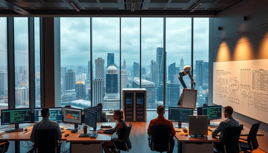 an expansive, futuristic office space with a panoramic view of a bustling city skyline, bathed in warm, diffused lighting from large windows. In the foreground, a team of software developers and engineers collaborating at sleek, minimalist workstations, their faces animated as they discuss diagrams and code on high-resolution displays. In the middle ground, a central server rack hums with activity, cables snaking across the floor, while a whiteboard on the adjacent wall is covered in complex algorithms and architectural diagrams. The background features an array of cutting-edge technology - 3D printers, robotic arms, and holographic projectors - all working in harmony to bring innovative IT solutions to life. The overall atmosphere conveys a sense of technical expertise, forward-thinking innovation, and collaborative productivity. an expansive, futuristic office space with a panoramic view of a bustling city skyline, bathed in warm, diffused lighting from large windows. In the foreground, a team of software developers and engineers collaborating at sleek, minimalist workstations, their faces animated as they discuss diagrams and code on high-resolution displays. In the middle ground, a central server rack hums with activity, cables snaking across the floor, while a whiteboard on the adjacent wall is covered in complex algorithms and architectural diagrams. The background features an array of cutting-edge technology - 3D printers, robotic arms, and holographic projectors - all working in harmony to bring innovative IT solutions to life. The overall atmosphere conveys a sense of technical expertise, forward-thinking innovation, and collaborative productivity.